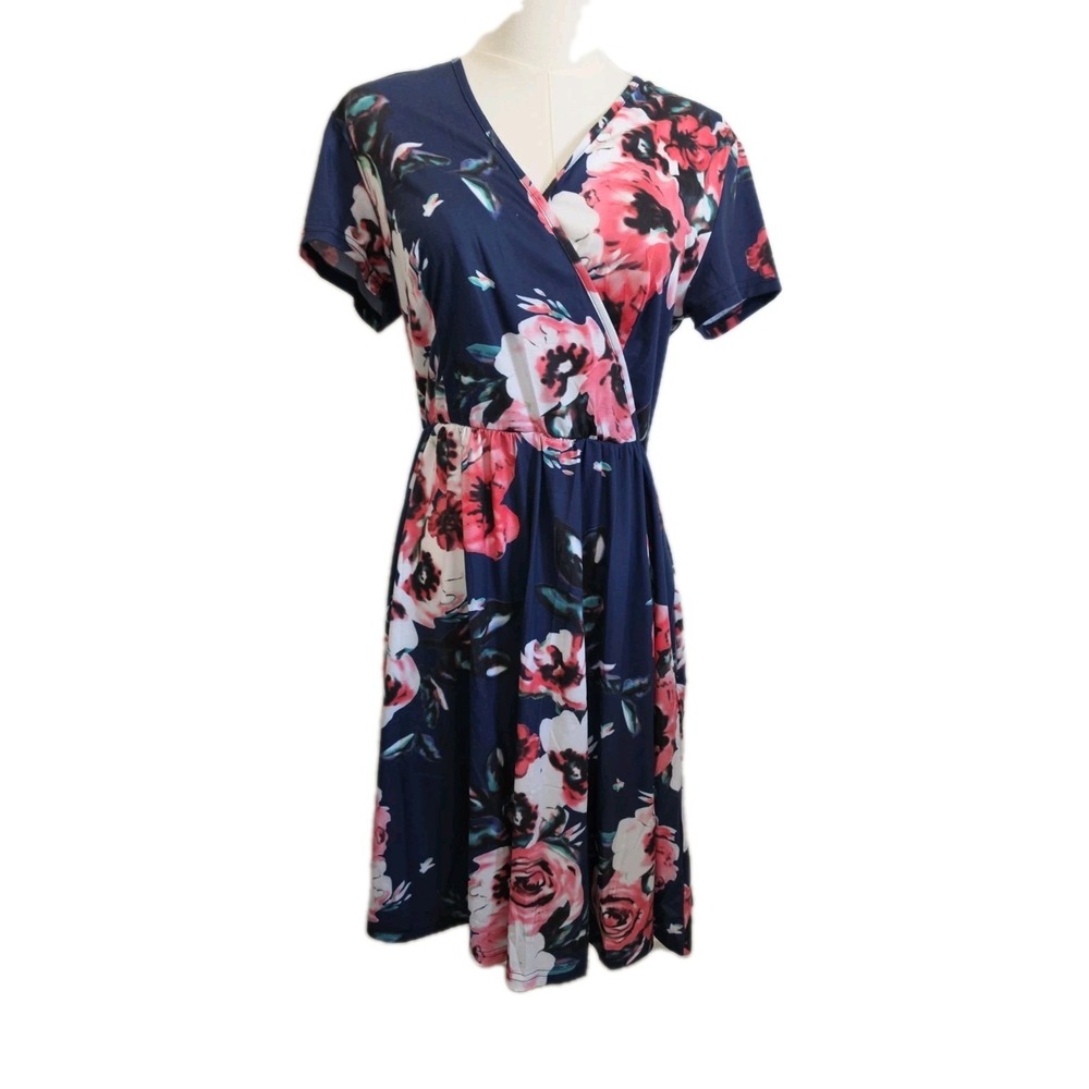 Floral Faux Wrap Dress V-Neck Short Cap Sleeve Size M Navy Blue